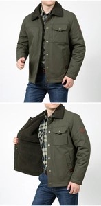 Detail of army green military jacket featuring warm fleece collar and multi-pocket design