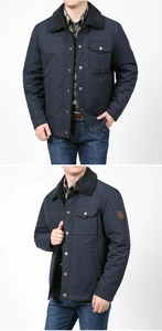 Detailed view of men's fleece lined work jacket with black faux shearling collar