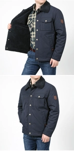 Detail of men's navy fleece-lined cargo jacket with sherpa collar and multi-pockets