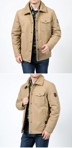Detail of khaki cargo jacket featuring sherpa collar, embroidery and leather patch