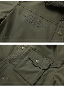 Detail of army green military jacket with outdoor embroidery and flap cargo pocket