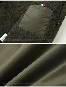 Detail of dark olive green jacket showing warm sherpa lining and interior pocket