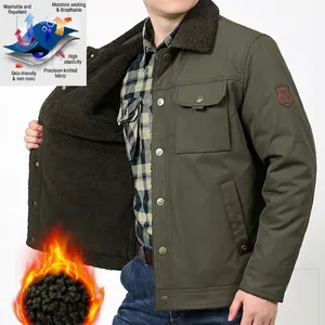 Men's olive green fleece-lined work jacket with multiple pockets and warm collar