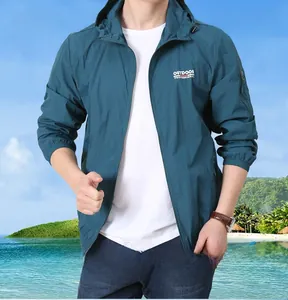 Detailed view of lightweight peacock blue sun protection jacket with outdoor hood