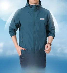 Detail of blue sun protection jacket with outdoor professional print and hooded design