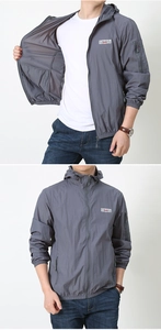 Detail of grey hooded sun protection jacket with outdoor prints and functional zip pockets