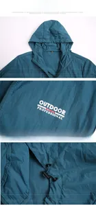 Detail view of navy blue outdoor jacket featuring hood drawstrings and professional logo