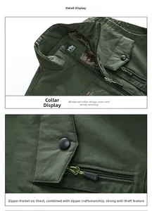 Dettaglio del collo alto antivento e della cerniera sulla giacca gilet verde