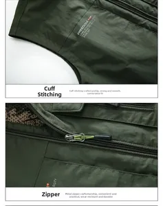 Dettaglio delle cuciture rinforzate e della cerniera in metallo del gilet outdoor verde