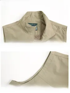 Detail view of khaki outdoor vest showing stand collar and breathable mesh lining