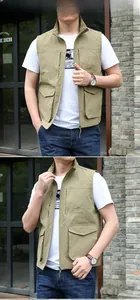 Detailed close-up of a multi-pocket outdoor vest featuring khaki fabric and utility pockets