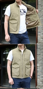 Detail of khaki outdoor vest with multi-pocket design and breathable mesh lining