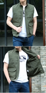 Detail view of olive green outdoor utility vest with multi-pockets and mesh lining