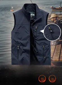 Detail of multi-pocket navy blue outdoor fishing vest with embroidery and mesh lining