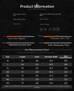 Detailed size chart for multi-pocket outdoor fishing vest showing M to 5XL measurements