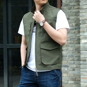 Men's olive green outdoor cargo vest with multi-pockets and stand collar for hiking