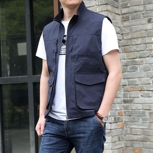 Men's outdoor utility vest in navy blue with multi-functional pockets and zipper