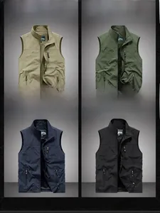 Detailed grid view of multi-pocket outdoor vests in khaki, green, blue and black