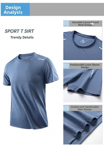 Close-up of gray-blue ice silk T-shirt with breathable mesh and SPORT print detail