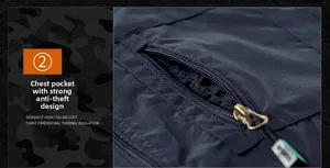Detail of multi-pocket outdoor vest showing secure chest zipper with durable metal puller