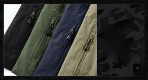 Detail of outdoor vest zippers and durable fabric in black, army green, navy, and khaki
