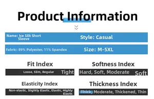 Size chart showing breathable ice silk fabric mix 89% polyester and 11% spandex details