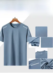 Close-up of gray blue ice silk t-shirt showing breathable fabric and shoulder reflective strips