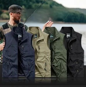 Detail of multi-pocket outdoor vest featuring breathable mesh lining and stand collar design