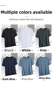 Detailed grid of quick-dry ice silk sports t-shirts in six colors on wooden hangers
