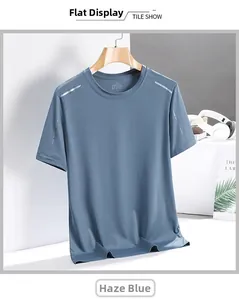 Detail of smog blue ice silk sports T-shirt with reflective shoulder strips and micro-pores