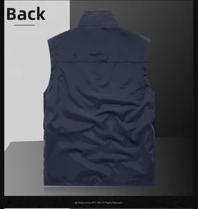 Detailed back view of men's outdoor multi-pocket vest in navy blue durable fabric