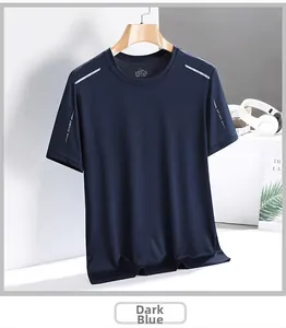 Detail of navy blue ice silk T-shirt featuring breathable honeycomb mesh and reflective strip