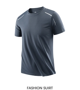 Detail of grey mesh fabric texture on men's quick-dry sport T-shirt with reflective lines