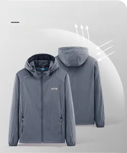Detailed front and back view of breathable grey UV protection sun jacket with hood