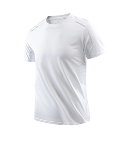 Detail of white ice silk sports T-shirt showing breathable mesh fabric and reflective stripes