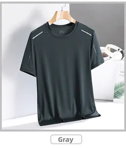 Detail of grey quick-dry ice silk sport T-shirt with mesh texture and sleeve print