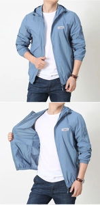 Détails d'une veste de protection solaire bleu clair légère avec capuche et zip