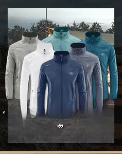 Detail showing various colors of lightweight sun protection jackets with stand collar