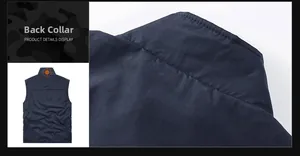 Detailed view of the back collar on a navy blue outdoor vest with reinforced stitching