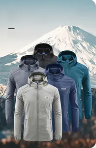 Detail showing five colors of lightweight breathable hooded sun protection jackets