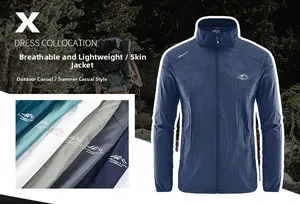 Detail view of lightweight blue sun protection jacket with logo and color options