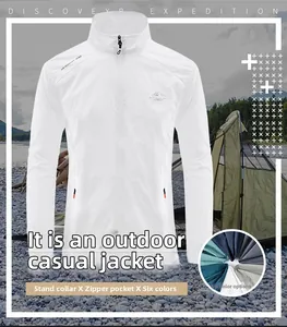 Close-up of white sun protection jacket detail with stand collar and zipper pocket