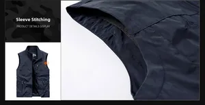 Detail of reinforced armhole stitching on a navy blue outdoor multi-pocket cargo vest
