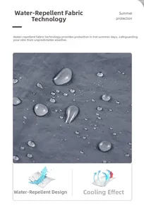 Close-up of grey water-repellent fabric with droplets for summer sun protection jacket