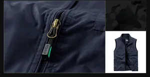 Detail of multi-pocket vest showing metal zipper pull with embossed sports logo text