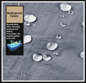 Detailed close-up of grey waterproof fabric with water droplets on a sun protection jacket