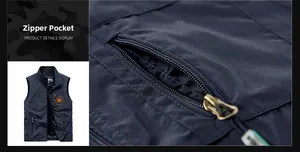 Detailed view of the dark blue outdoor vest featuring functional secure zipper pockets
