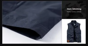 Detail of the high-quality double-row hem stitching on this navy blue outdoor vest