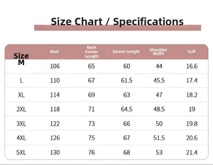 Detailed size chart for sun protection jacket with measurements from M to 5XL sizes