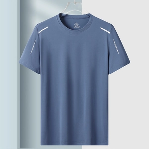 Breathable blue-grey men's ice silk sport T-shirt with white reflective stripes on sleeves